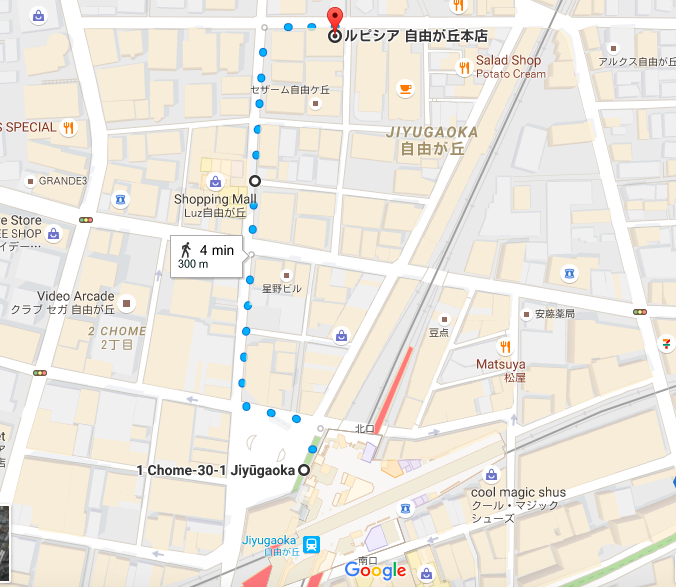 How to walk from Jiyugaoka Station to Lupicia shop (4min walk)